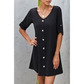 Black V Neck Button Front Roll up Tab Sleeve Dress