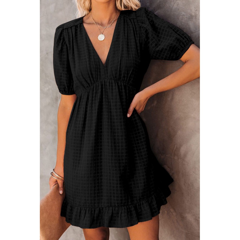 Black Checkered Pattern Puff Sleeve Babydoll Dress Black Checkered Pattern Puff Sleeve Babydoll Dress