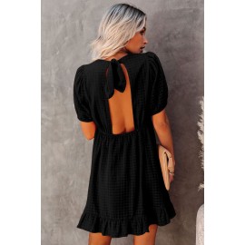 Black Checkered Pattern Puff Sleeve Babydoll Dress Black Checkered Pattern Puff Sleeve Babydoll Dress