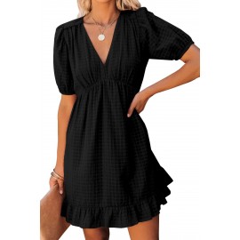 Black Checkered Pattern Puff Sleeve Babydoll Dress Black Checkered Pattern Puff Sleeve Babydoll Dress
