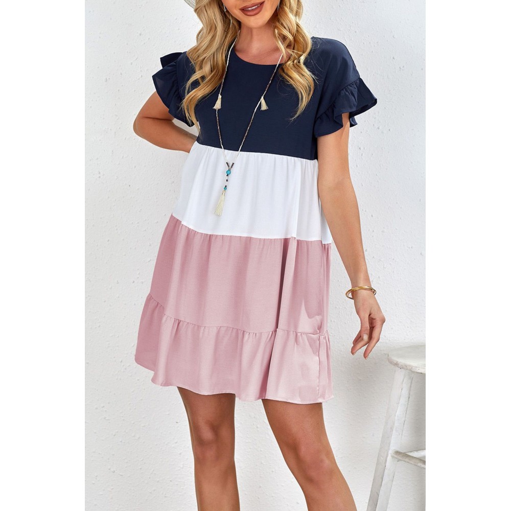 Pink Ruffled Sleeve Tiered Color Block Mini Dress Pink Ruffled Sleeve Tiered Color Block Mini Dress