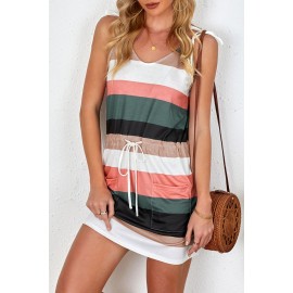 Black Spaghetti Straps Striped Drawstring Waist Mini Dress