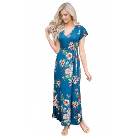 Navy Blue Floral Print Cap Sleeve Maxi Dress