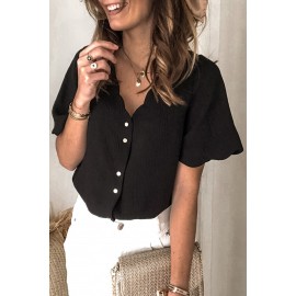 Black Scalloped Neckline Textured Short Sleeve Shirt