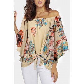 Apricot Off Shoulder Floral Tie Front High Low Chiffon Blouse