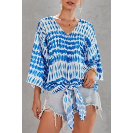 Blue Floral Printed Deep V Neck Tie Front Blouse