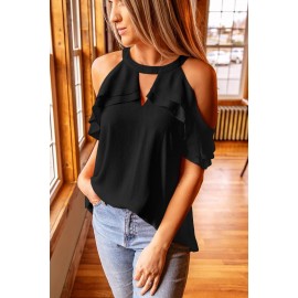 Black Ruffled Cold Shoulder Blouse