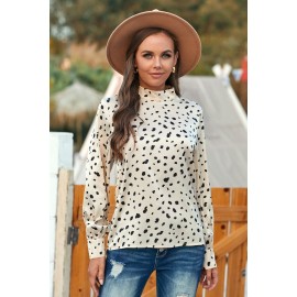 Beige Mock Neck Lantern Sleeve Fashion Print Blouse Beige Mock Neck Lantern Sleeve Fashion Print Blouse