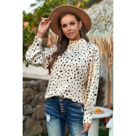 Beige Mock Neck Lantern Sleeve Fashion Print Blouse Beige Mock Neck Lantern Sleeve Fashion Print Blouse