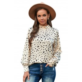 Beige Mock Neck Lantern Sleeve Fashion Print Blouse Beige Mock Neck Lantern Sleeve Fashion Print Blouse