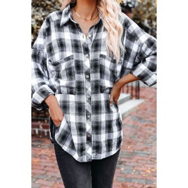 Black Cotton Blend Plaid Buttoned Shirt with Bust Pockets