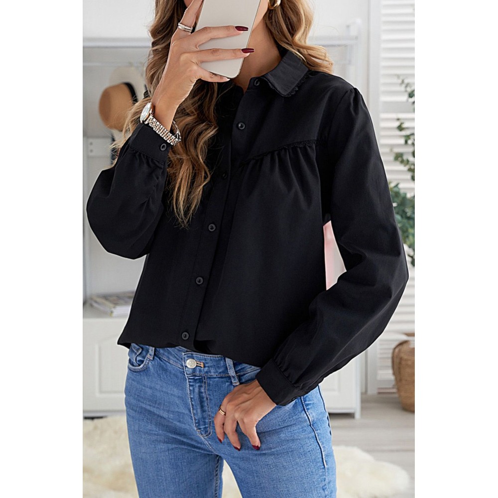 Black Plain Pleated Bust Cuffed Sleeves Shirt Black Plain Pleated Bust Cuffed Sleeves Shirt