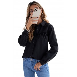 Black Plain Pleated Bust Cuffed Sleeves Shirt Black Plain Pleated Bust Cuffed Sleeves Shirt